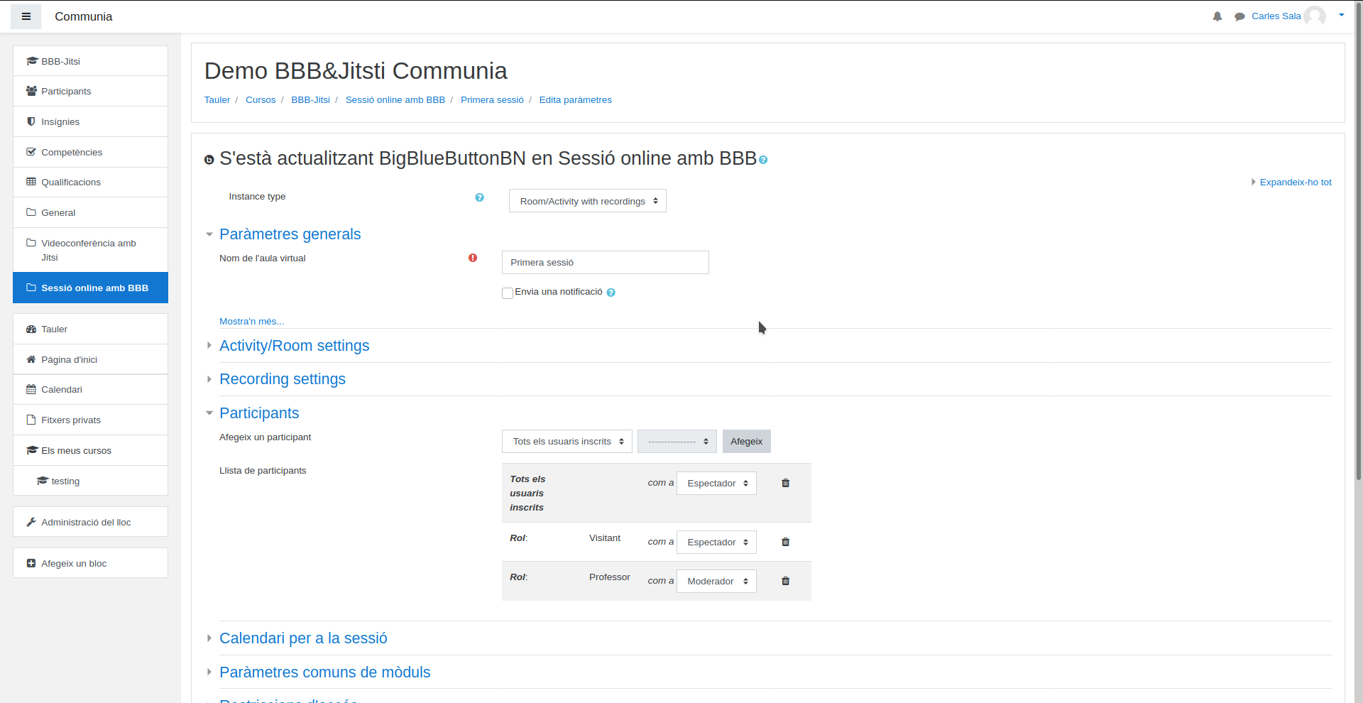 Captura de pantalla de la configuració d'una activitat d'un curs moodle tipus BigBlueButton