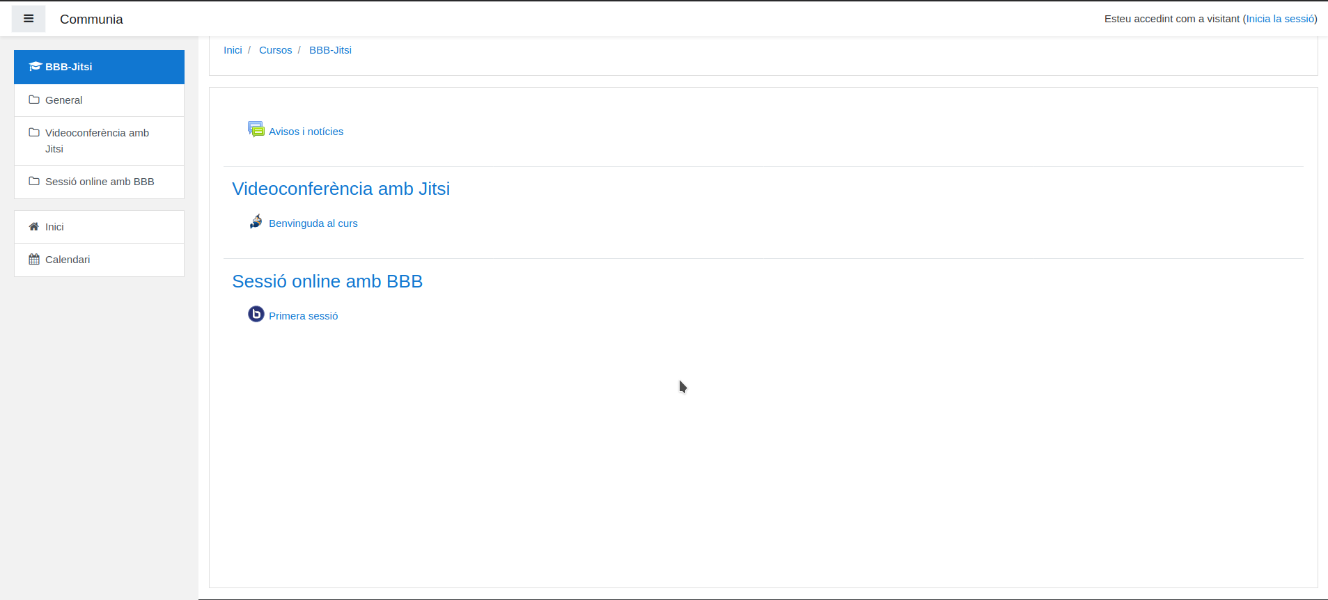 Captura de pantalla curs de Moodle amb BBB i Jistsi