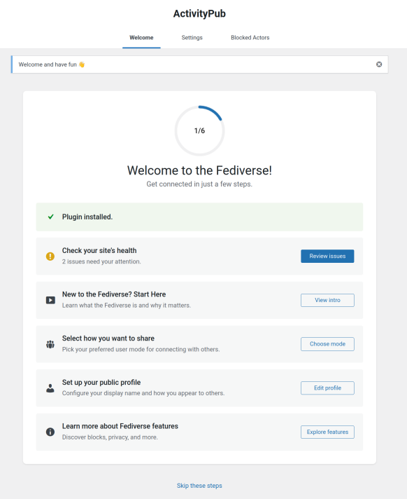 Assistent d'inici per instalÂ·lar i connectar-se al fedivers en un Wordpress.